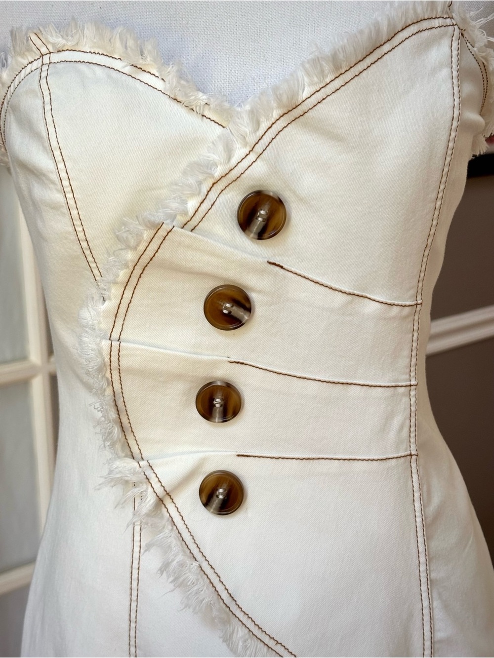 NWT Mika & Gala Strapless Mini Dress Ivory Fringe Button Detail M - Picture 2 of 13